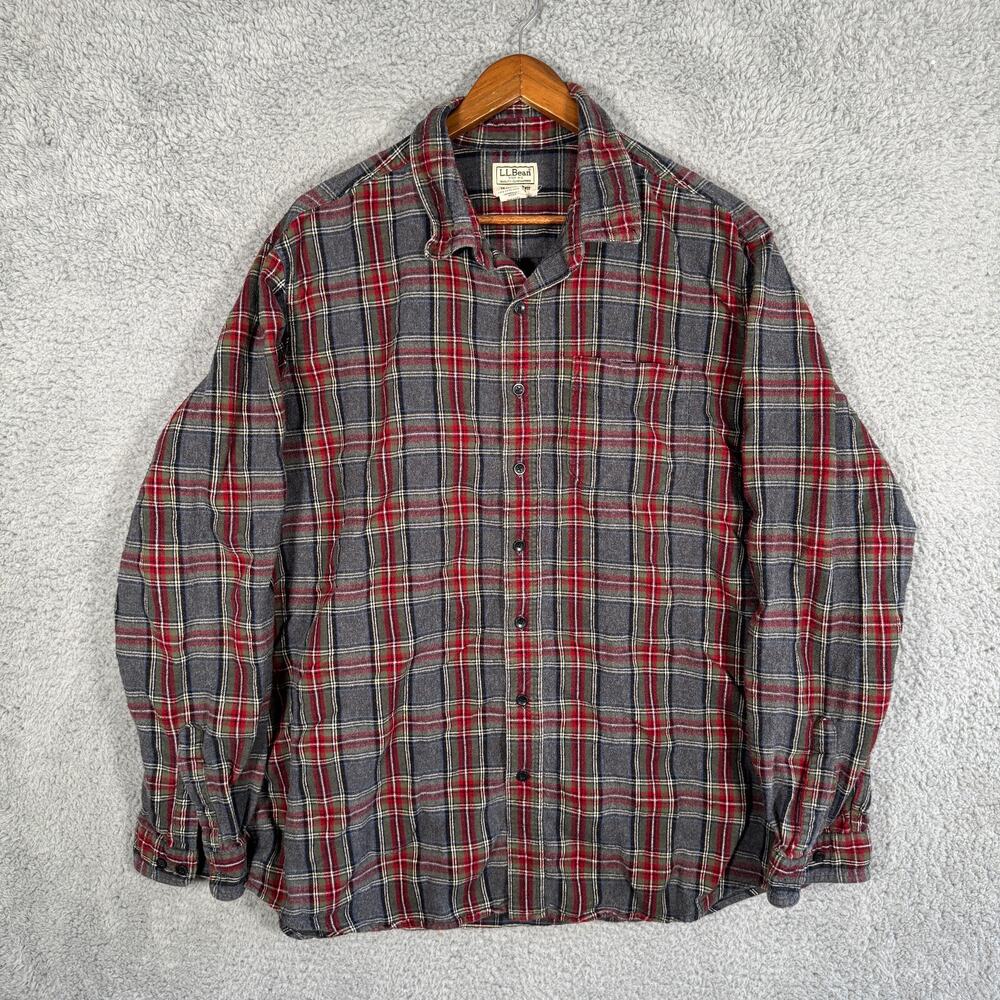 LL Bean Scotch Plaid Flannel Shirt Mens XL TALL Traditional Fit Gray and Red